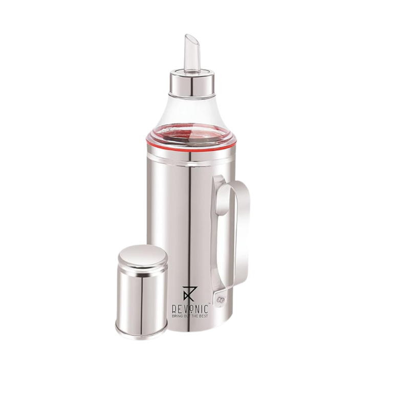 Premium stainless steel oil dispenser bottle with ergonomic handle and drip-free spout. Perfect for storing and pouring olive oil, vinegar, or cooking oil in the kitchen. Elegant and durable design suitable for modern kitchens.