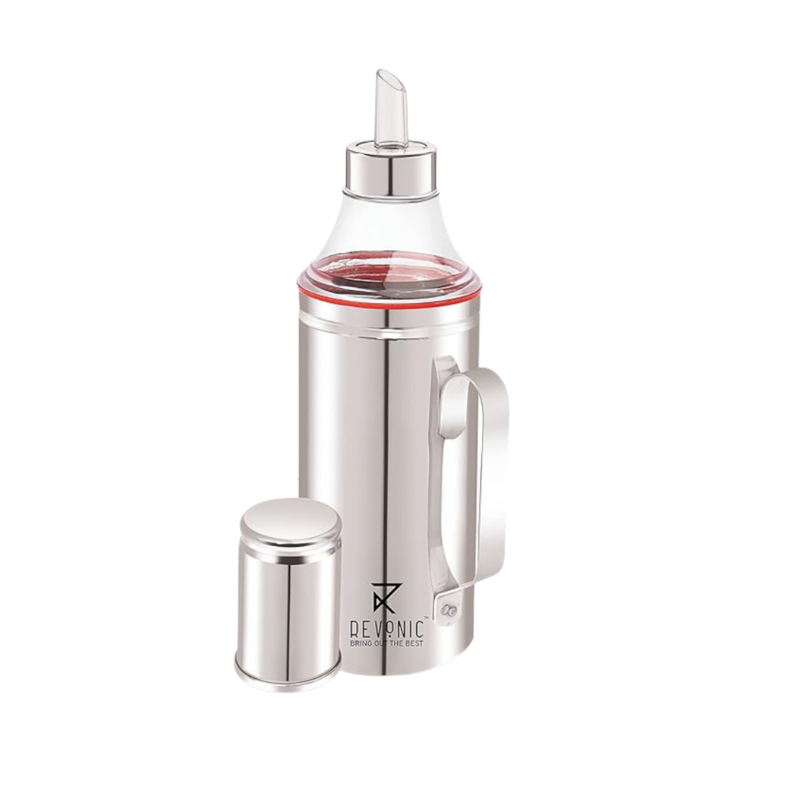 Premium stainless steel oil dispenser bottle with ergonomic handle and drip-free spout. Perfect for storing and pouring olive oil, vinegar, or cooking oil in the kitchen. Elegant and durable design suitable for modern kitchens.