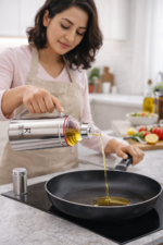 Pouring olive oil from stainless steel oil dispenser bottle