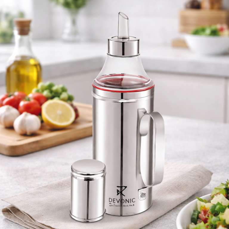 Stainless steel oil dispenser bottle with handle and drip-free spout on kitchen counter